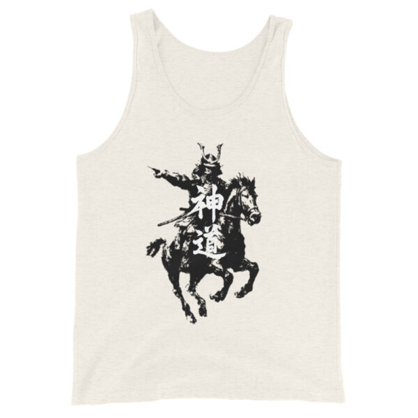 SHINTO divine path samurai tank top featuring mounted warrior pointing forward with Japanese kanji on premium cotton
