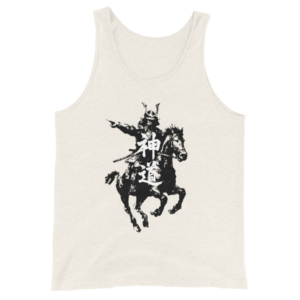 SHINTO divine path samurai tank top featuring mounted warrior pointing forward with Japanese kanji on premium cotton