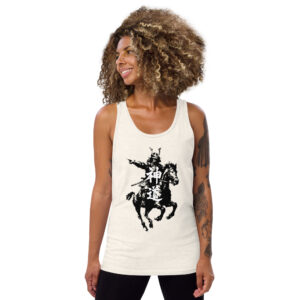 Woman wearing divine path samurai tank top with Shinto kanji artwork, unisex comfortable fit for street style