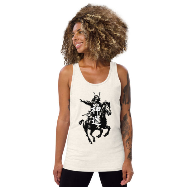 Woman wearing divine path samurai tank top with Shinto kanji artwork, unisex comfortable fit for street style