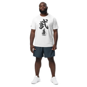 thlete wearing BU samurai spirit workout shirt during gym training, showing breathable mesh construction