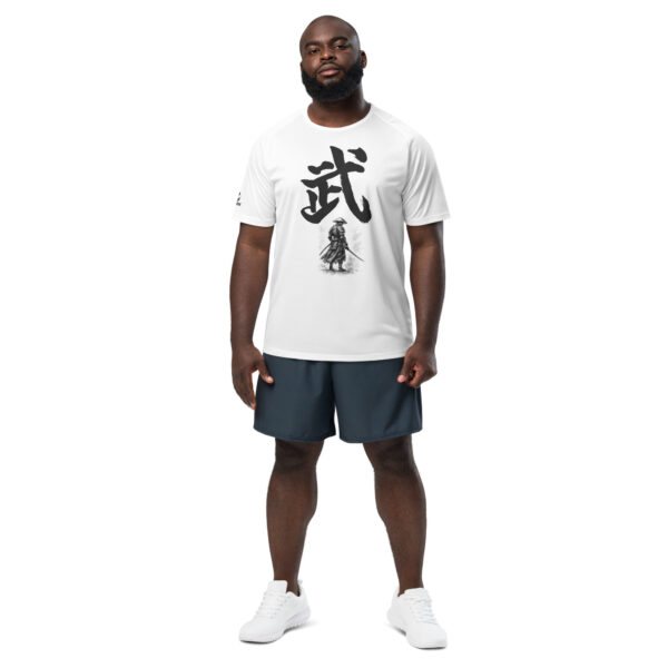 thlete wearing BU samurai spirit workout shirt during gym training, showing breathable mesh construction