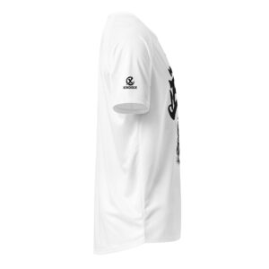 Back and side view of BU samurai workout shirt showing extended length and raglan sleeve construction